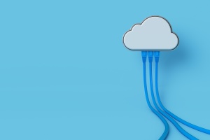 cloud computing with a cloud shape device and wires on blue background