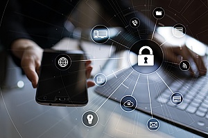 a man holding a phone showing a cyber security model