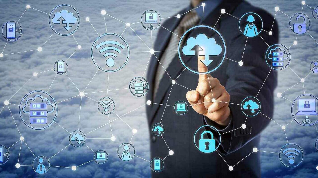 blue chip corporate client is touching a cloud computing icon in a virtual network