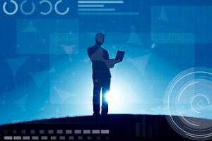 Blue Texture with Man Holding Laptop