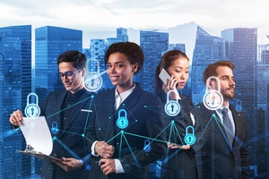 business colleagues as a part of multinational corporate team working on project to protect clients information at cybersecurity compliance division