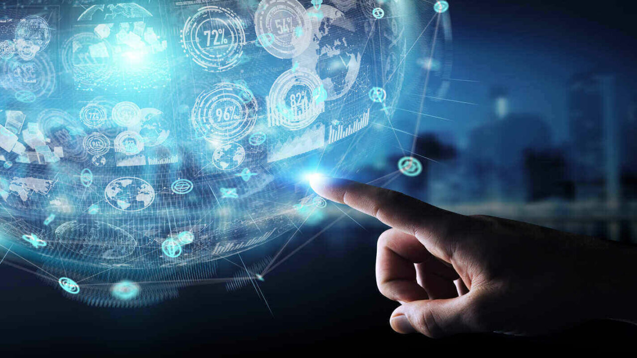 businessman on blurred background using holograms datas digital sphere 3d rendering