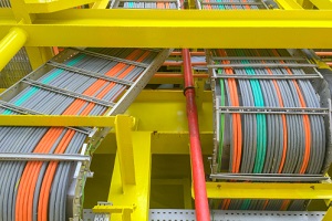 cables layout on cable tray and yellow steel structure