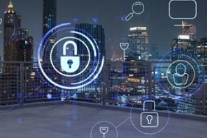digital lock with city background