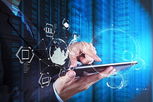double exposure of businessman shows modern technology as concept