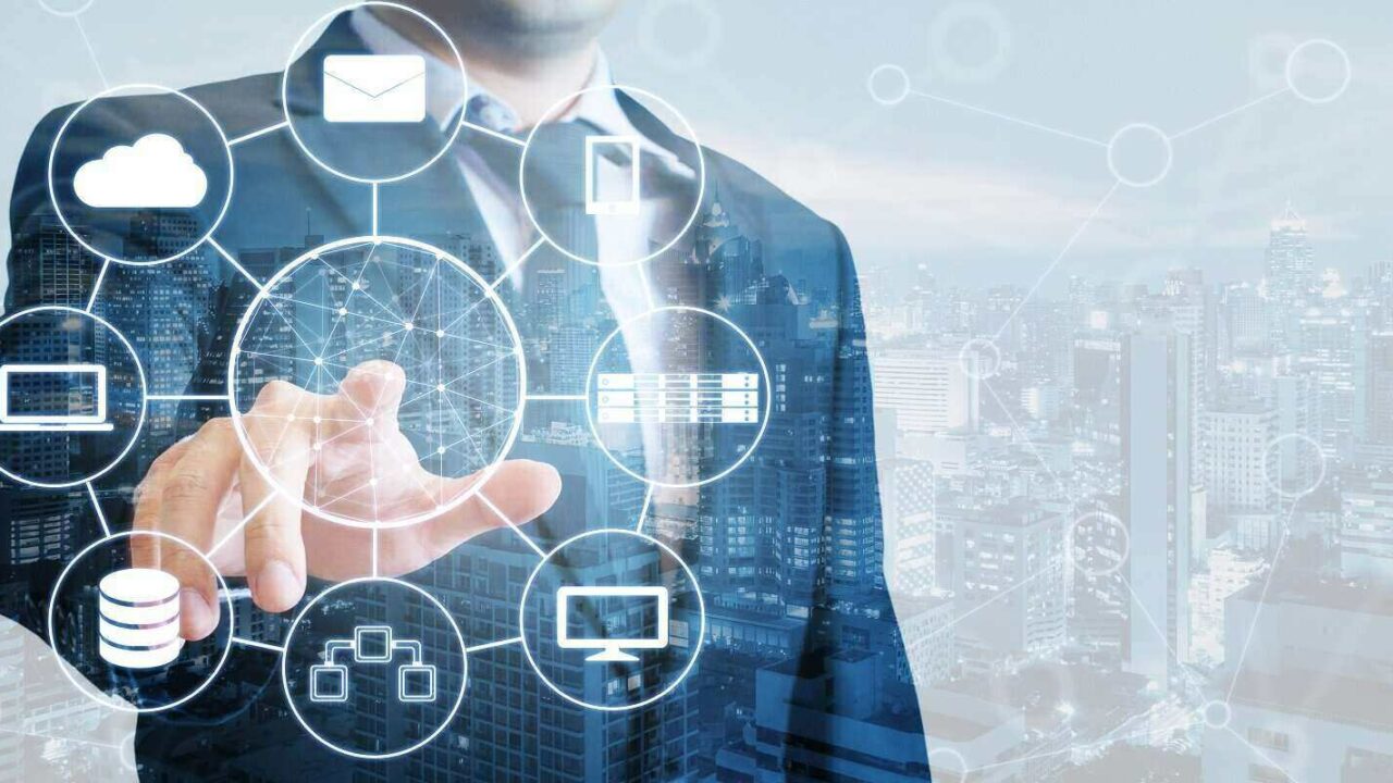 double exposure of professional businessman connected devices world digital technology