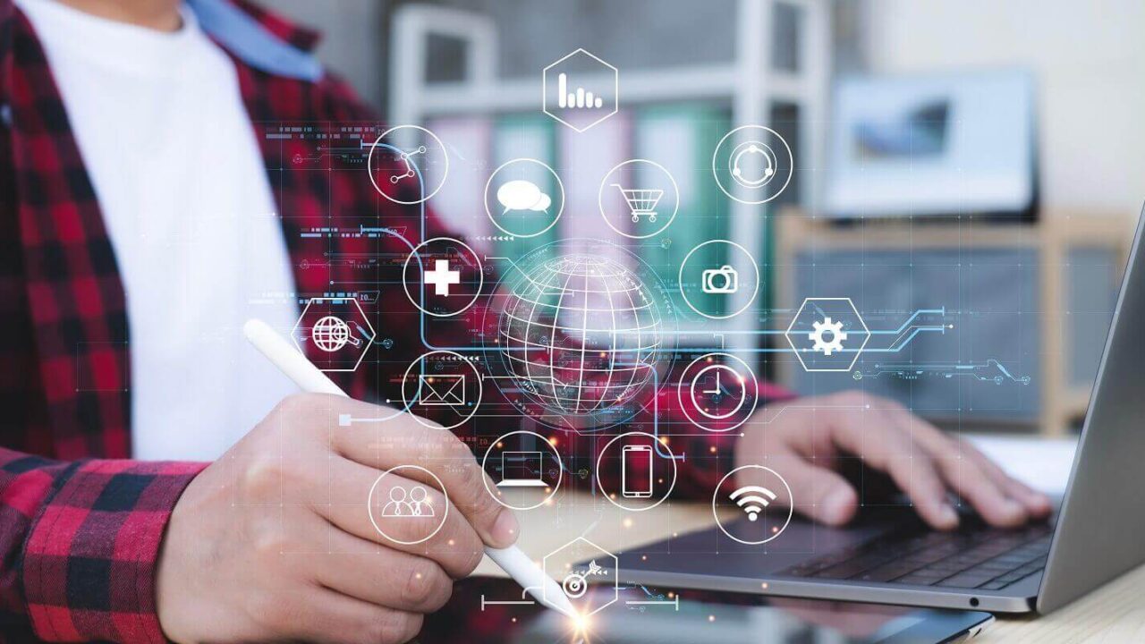 laptop with global network connection on investor and customer with sale data exchange and development of business