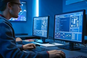 man operating computer system