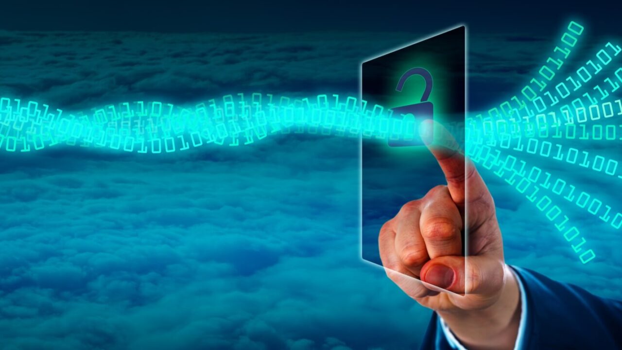 manager unlocking a virtual data stream via a touch screen in cyberspace