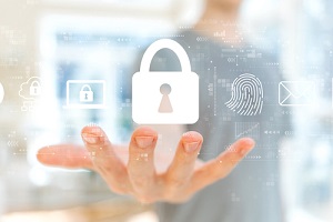network security concept with young man holding his hand
