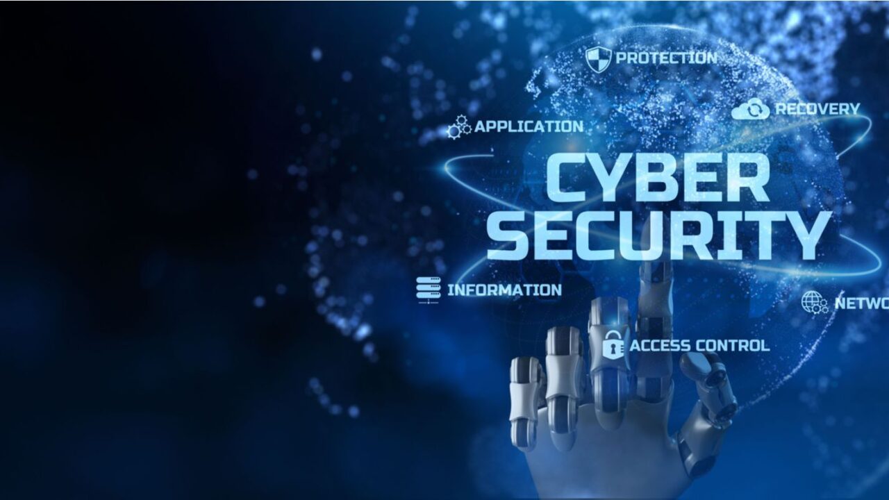 A robotic hand shown clicking cyber security surrounded by the security related terms required for CMMC level